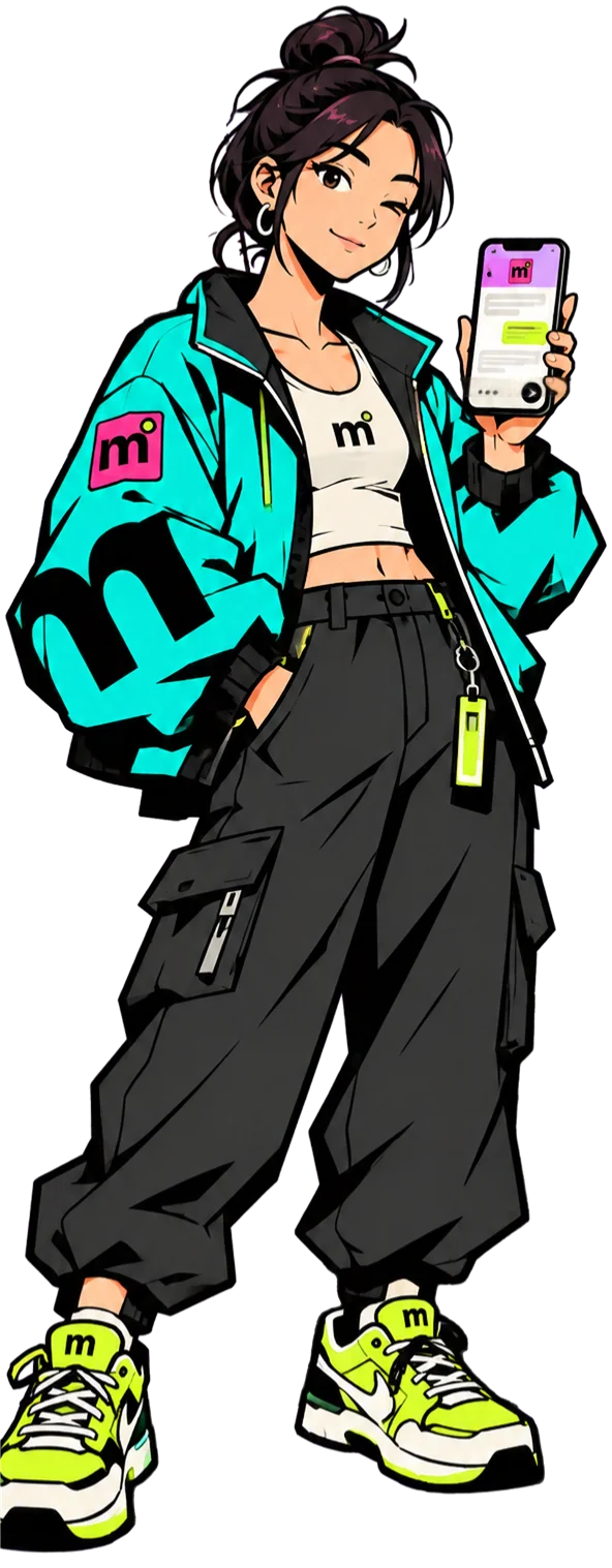 Maya: an illustrated girl in a teal jacket and cargo pants, winking and holding up her phone